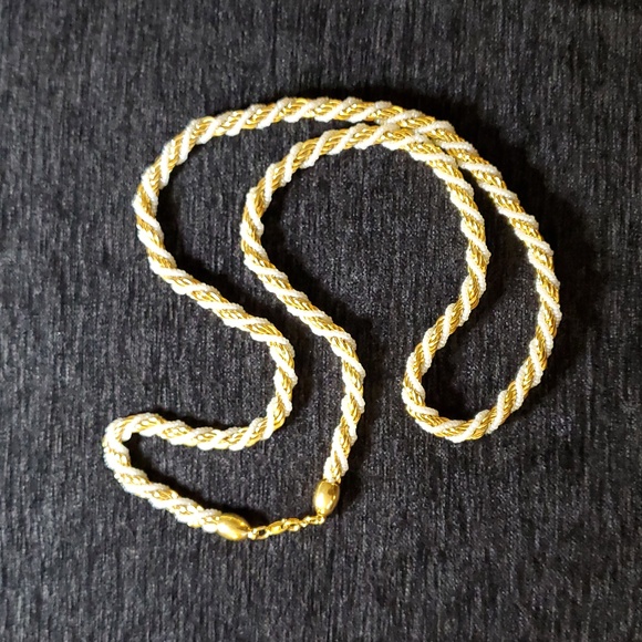 Vintage TRIFARI Gold Rope Chain and White Seed Bead Faux Pearl Twist Necklace - Picture 4 of 7